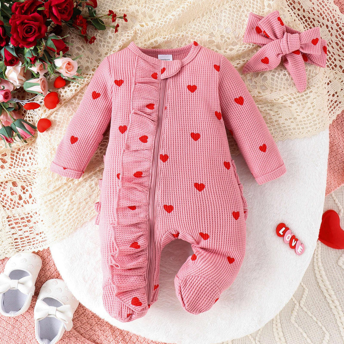 Heart Print Footed Onesie Set